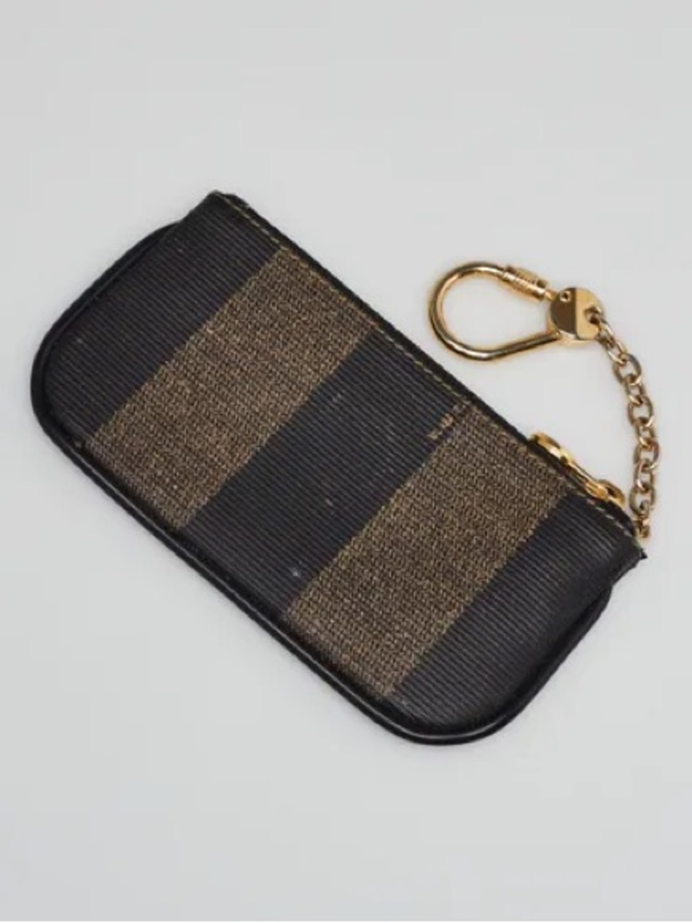 Vintage FENDİ Key Pouch Wallet - Black and Brown stripe with Gold Chain